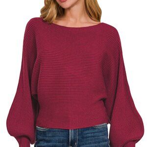 Zenana Boat Neck Balloon Sleeve Sweater